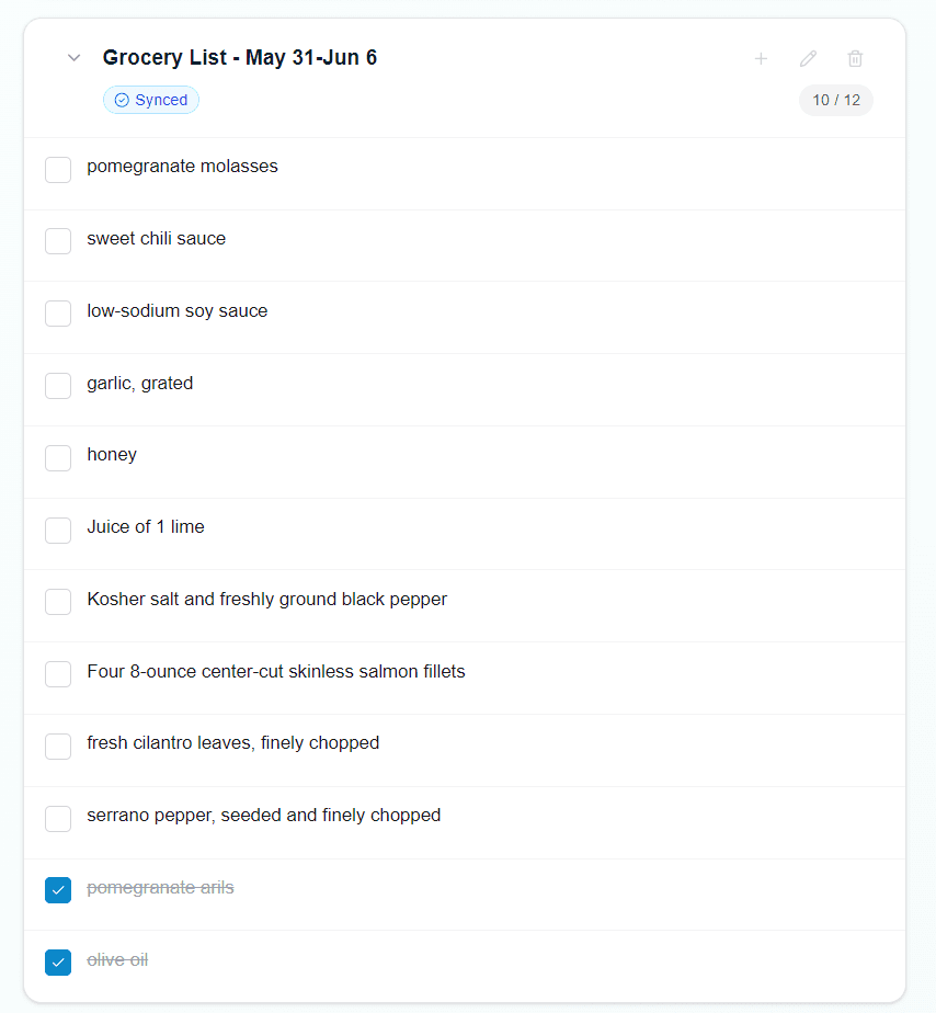 Flowboard grocery list generated from weekly meal plan ingredients