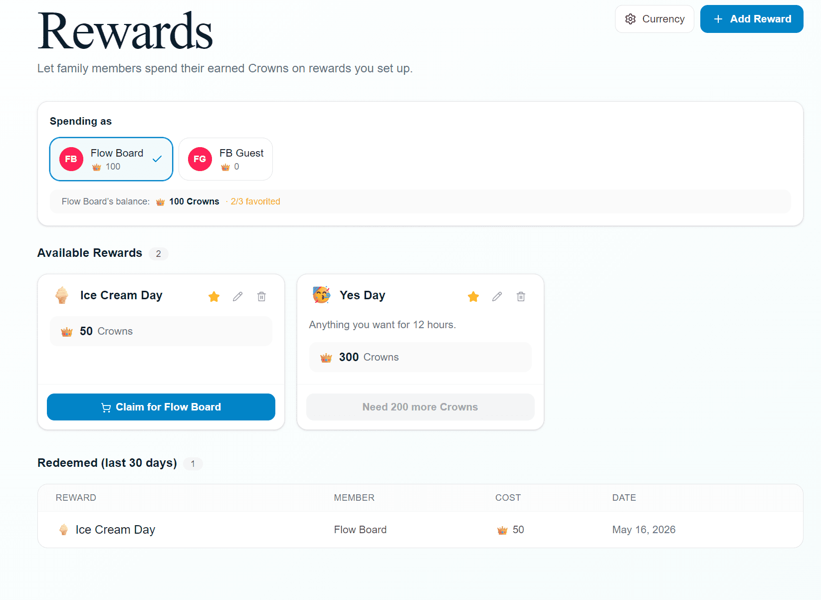 Flowboard rewards dashboard showing reward shop and Crown balances