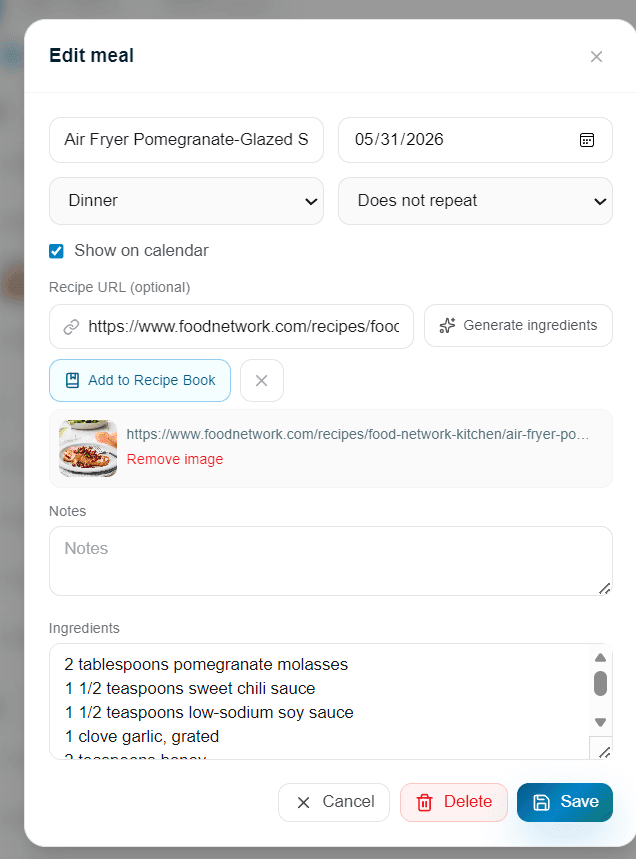 Flowboard edit meal form showing recipe URL import with auto-fetched image, ingredients, and Recipe Book button