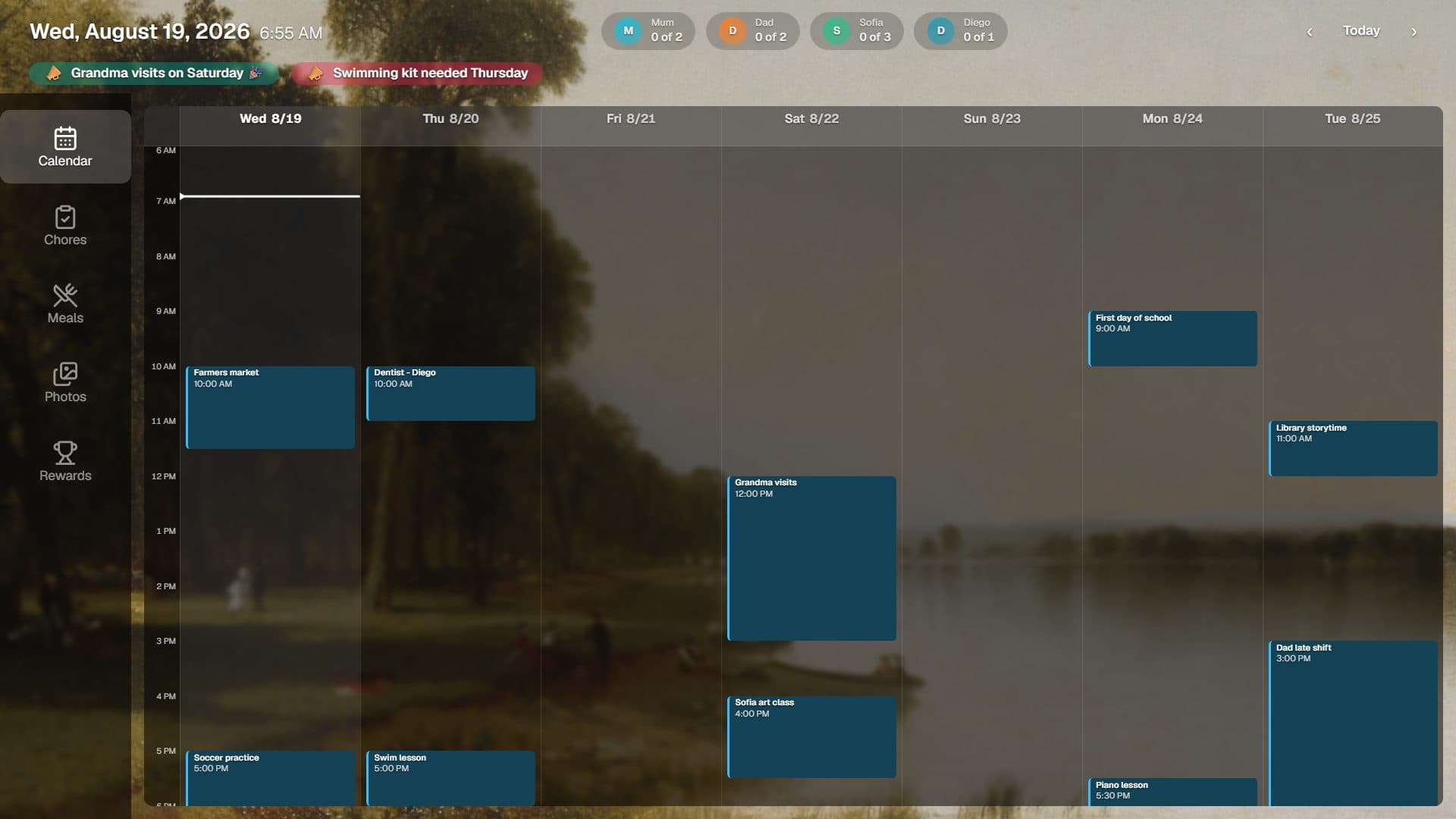 Delta board on the Calendar screen, showing a week of family events with a side rail and each member's chore progress along the top