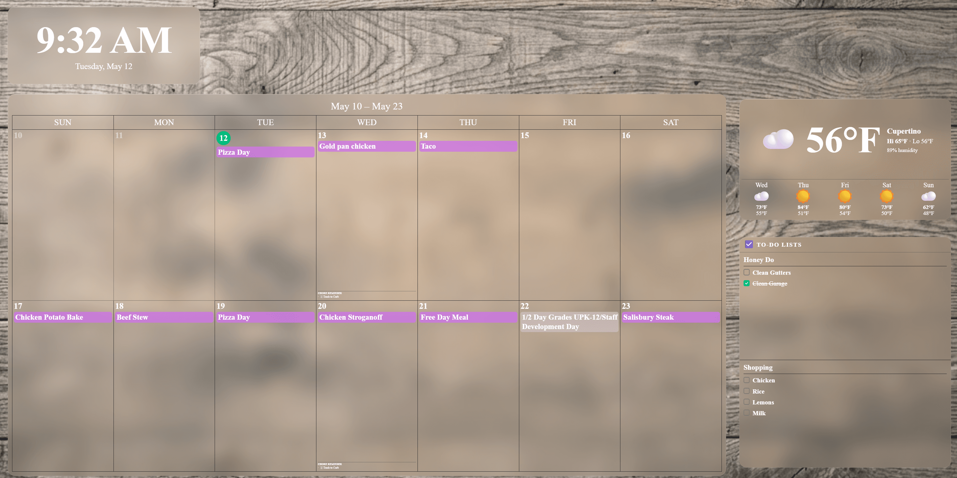 Two-week calendar with full weather panel, to-do list, chores, and countdown on a light wood background