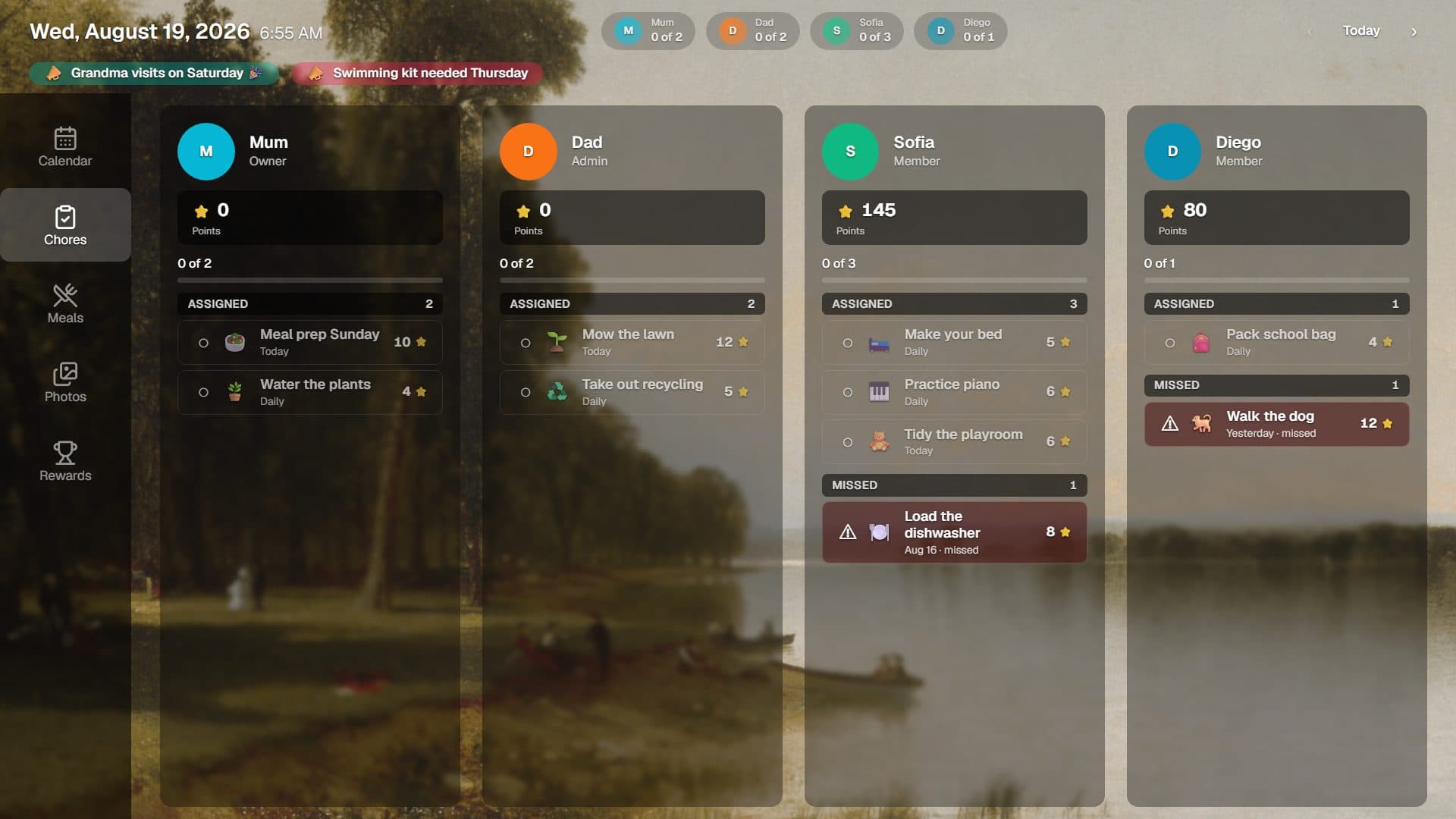 Delta board on the Chores screen, with a column per family member showing assigned chores, points, and anything missed