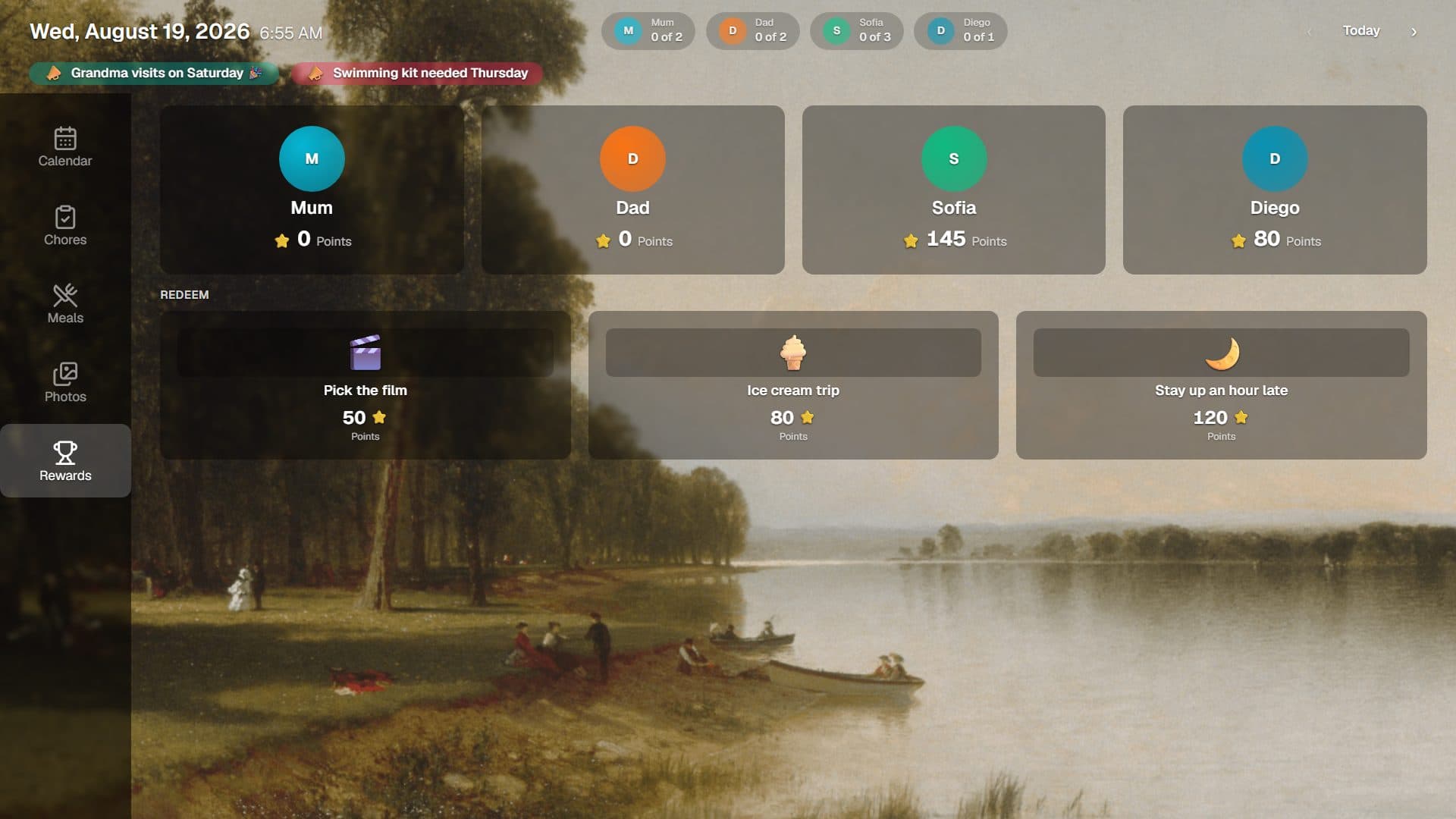 Delta board on the Rewards screen, showing each member's point balance and the rewards they can redeem
