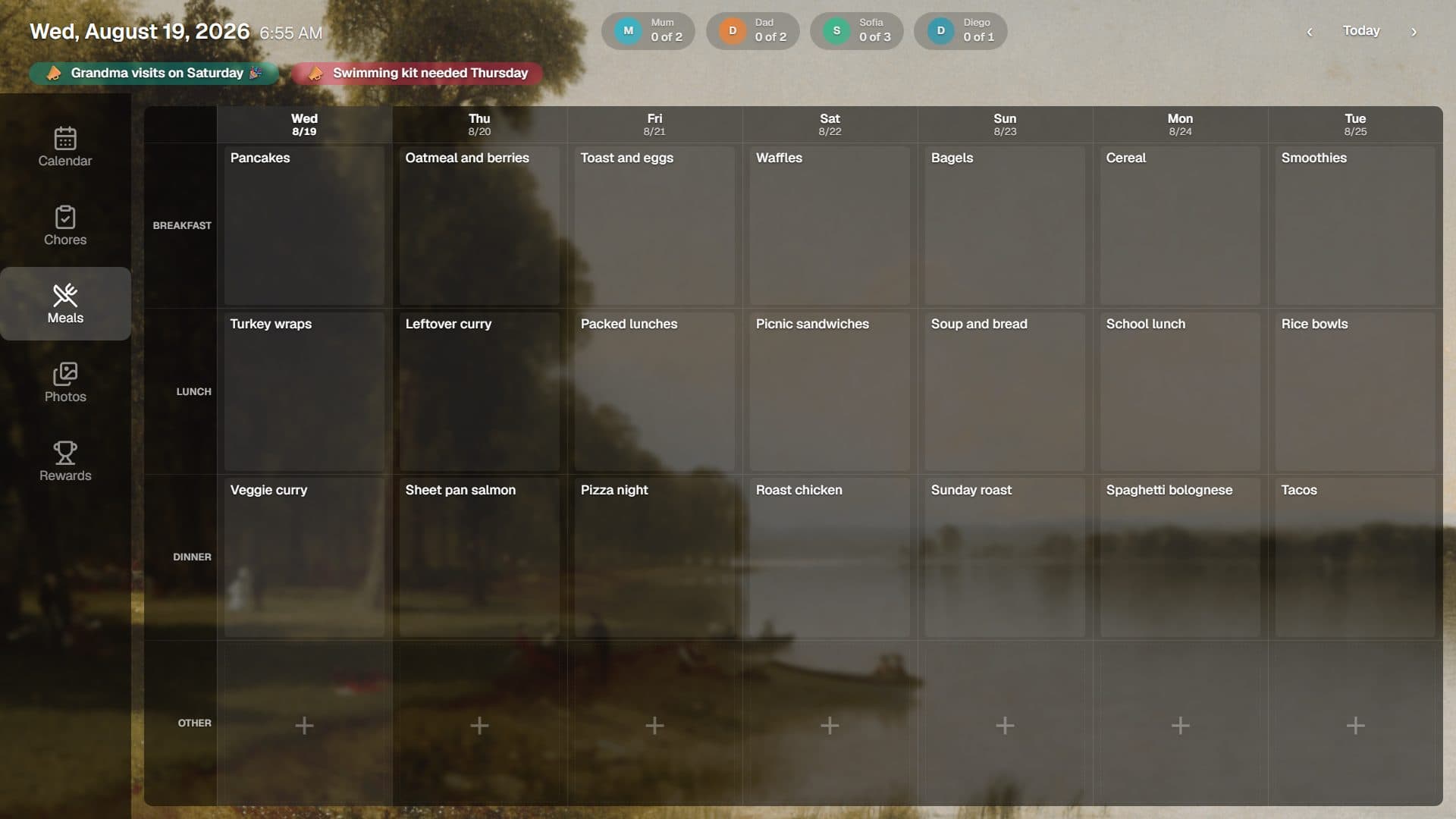Delta board on the Meals screen, showing breakfast, lunch, and dinner planned across the week