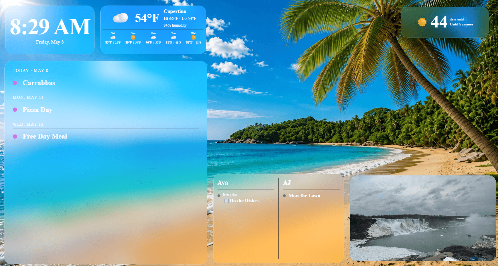 List calendar with weather, chores, clock, countdown, and photo slideshow on a summer background
