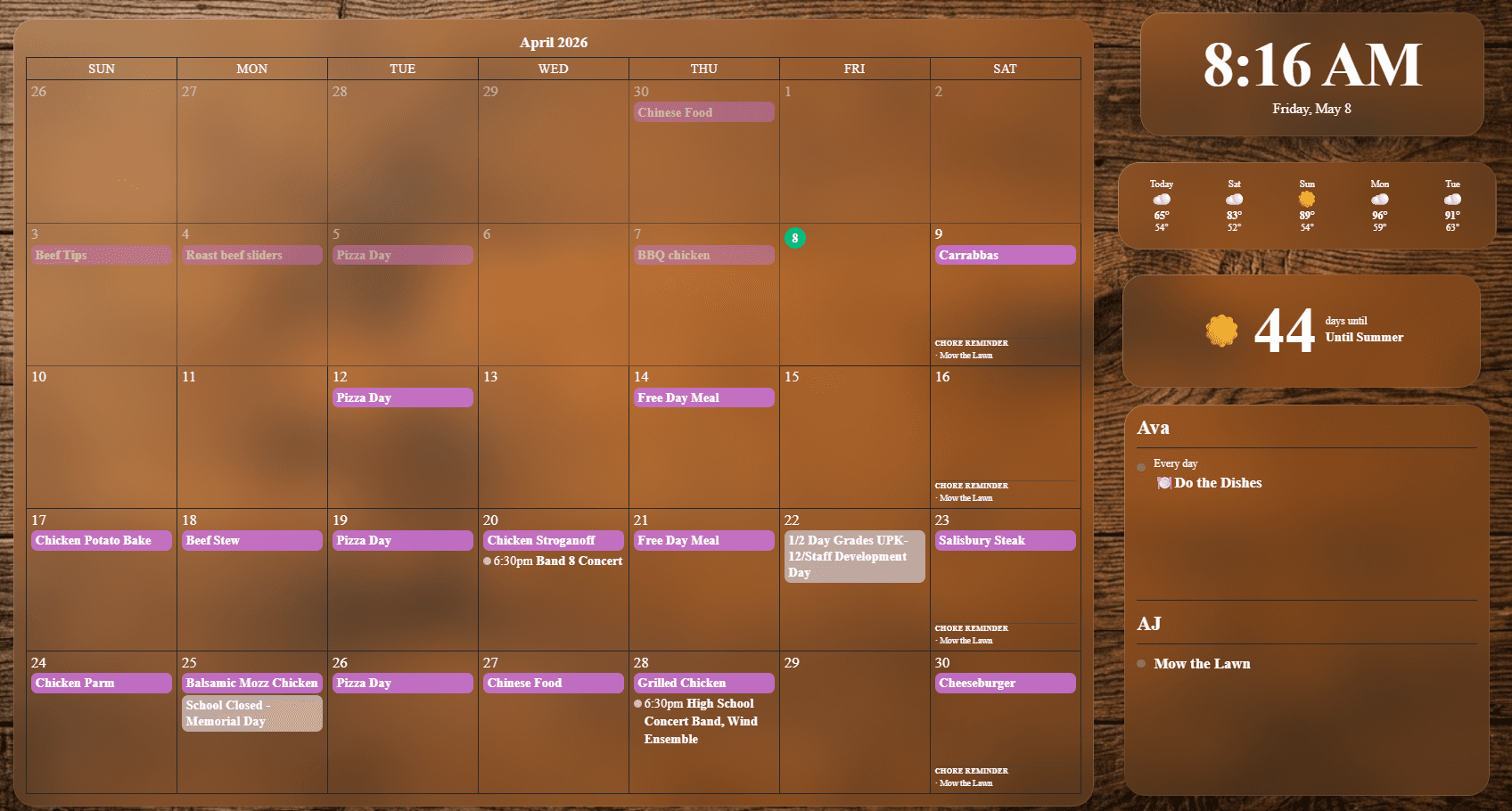 Monthly calendar with small weather panel, chores, clock, and countdown on a wood background