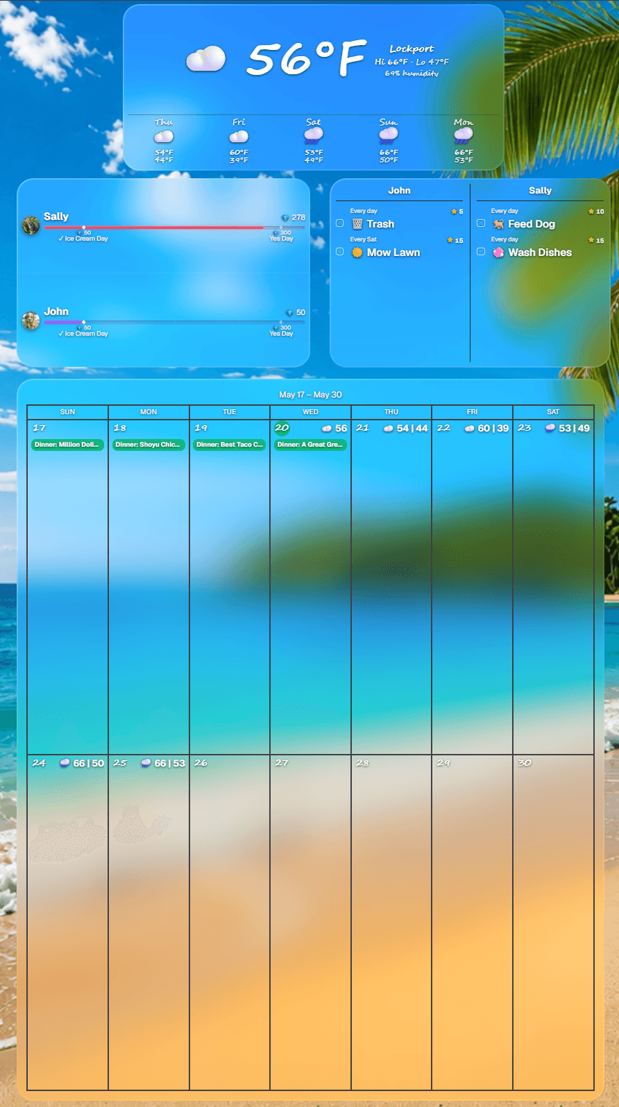 Portrait Flowboard layout with weekly calendar, chores, rewards, and weather