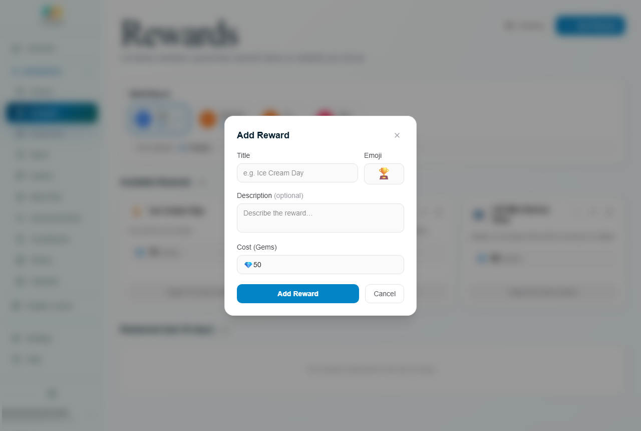 Add reward form with title, emoji, description, and gem cost fields